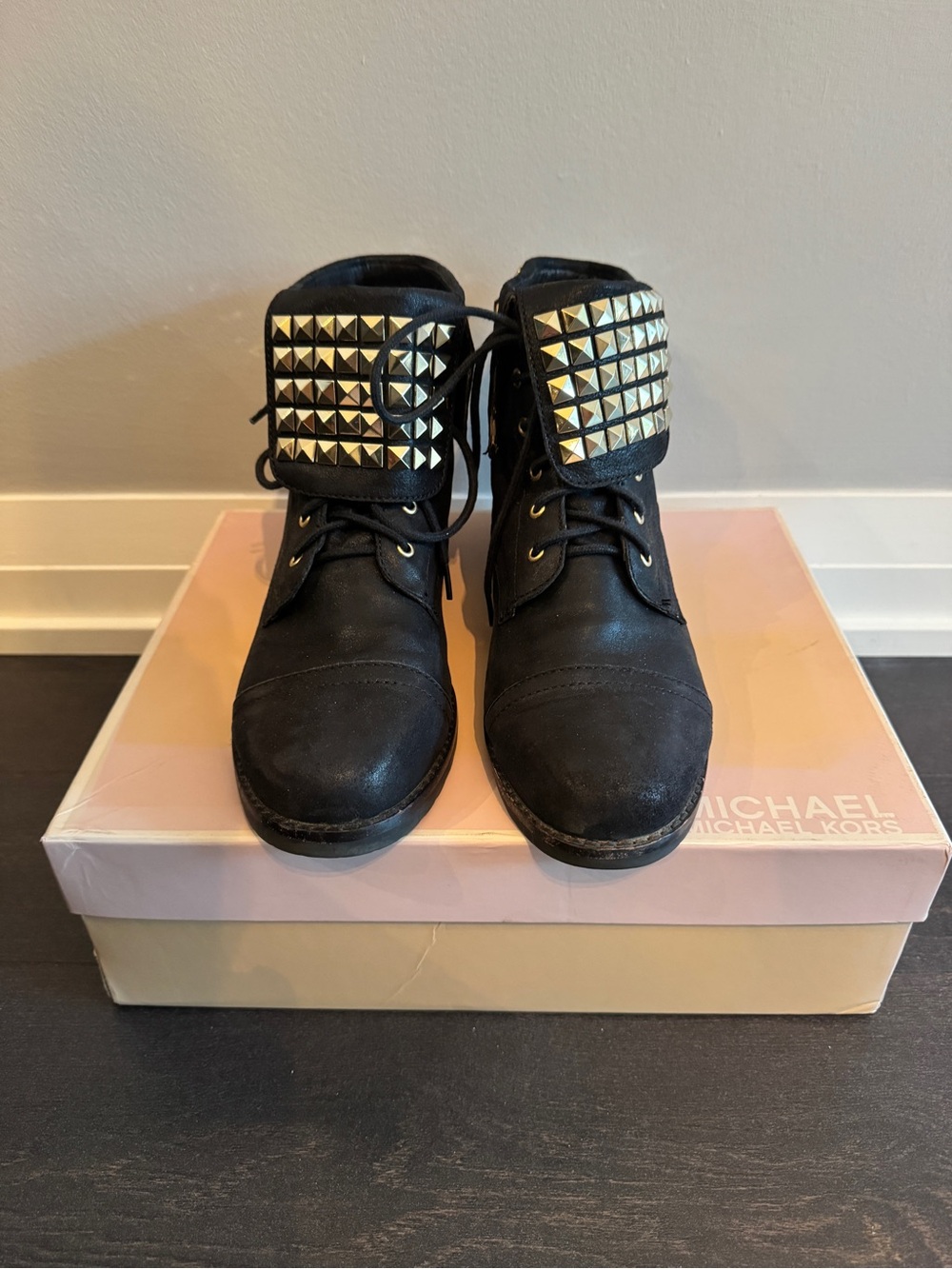 Michael Kors Black Leather Ankle Boots with Gold Pyramid Stud Flaps